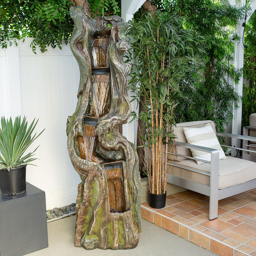 Alpine Corporation TVH156 79' Outdoor Floor Cascading Tree Trunk Water Fountain with LED Lights, Waterfall with Lights, Brown