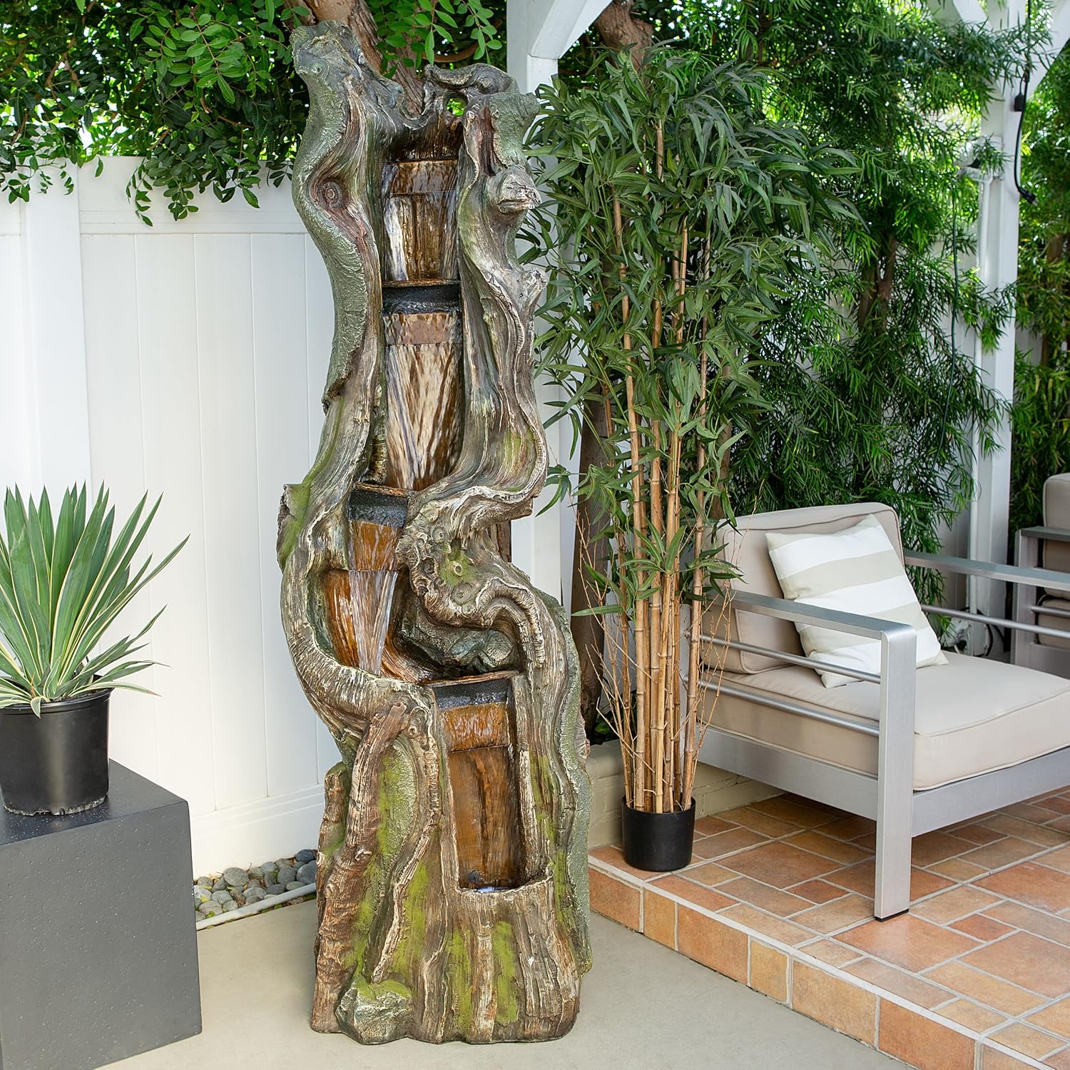 Alpine Corporation TVH156 79' Outdoor Floor Cascading Tree Trunk Water Fountain with LED Lights, Waterfall with Lights, Brown
