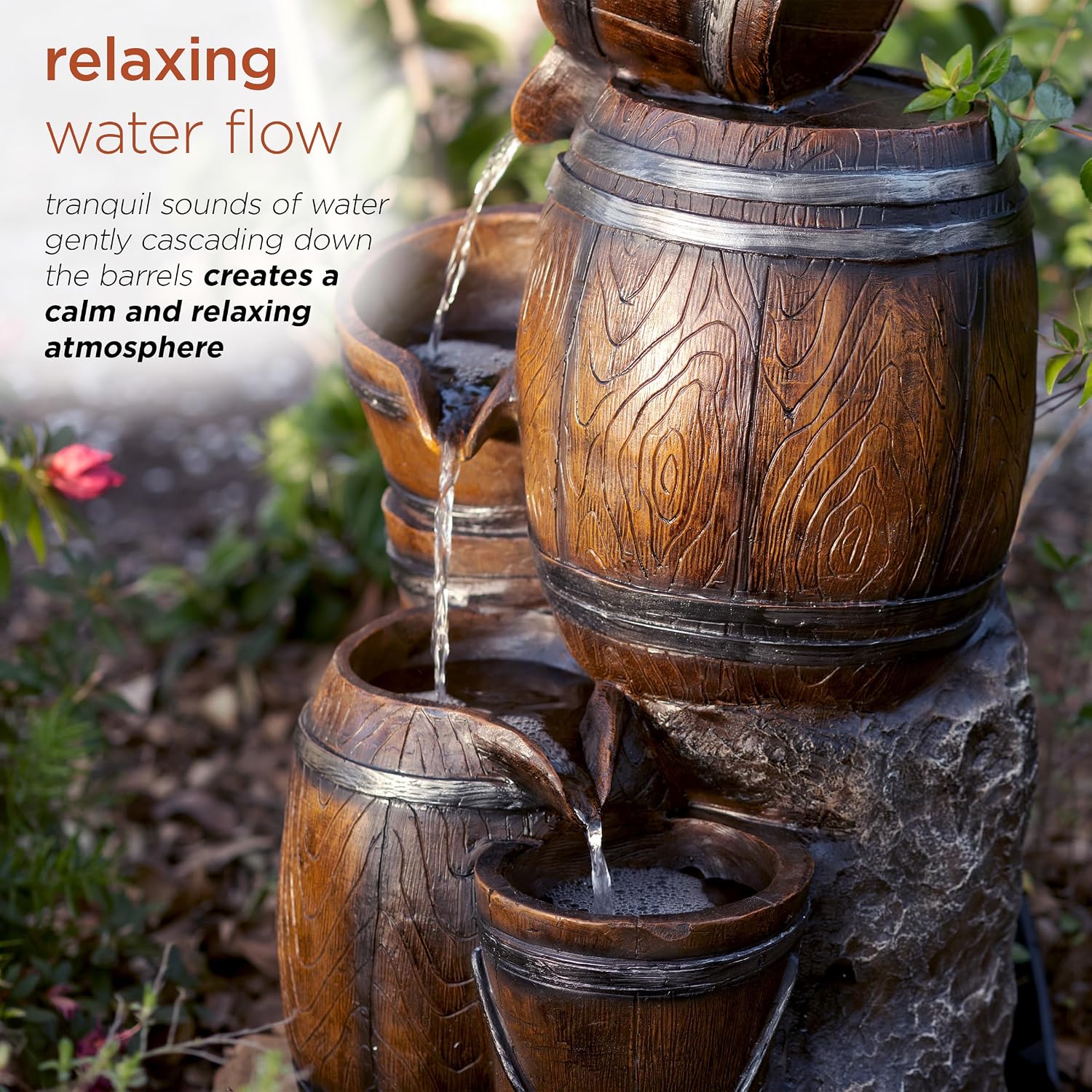 Alpine Corporation ZEN409S Outdoor Rustic 4-Tiered Barrels and Buckets Water Floor Fountain - Farmhouse Style, 24 Inch Tall, Brown