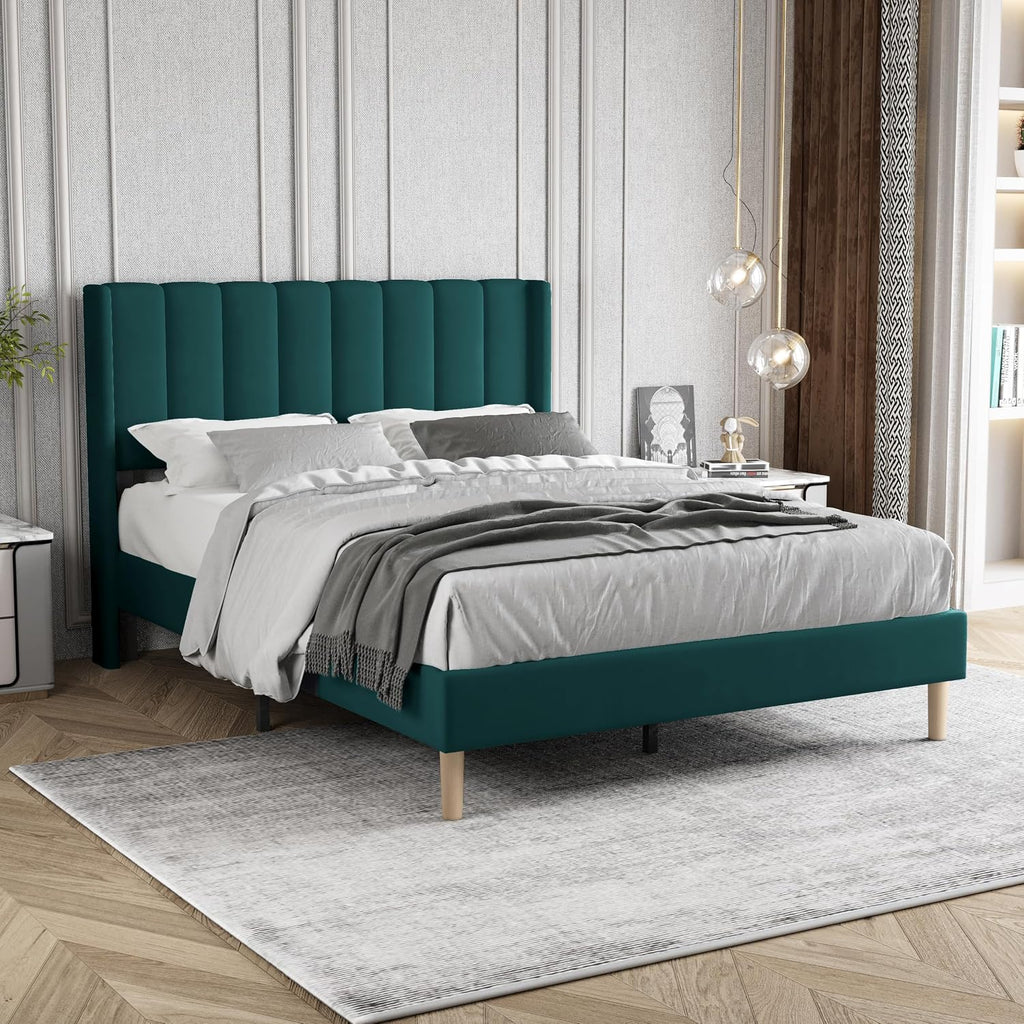 Full Size Bed Frame with Headboard, Modern Upholstered Velvet Platform Bed, Heavy Duty Wooden Slats Support, No Box Spring Needed, Noise-Free & Easy Assembly, Green