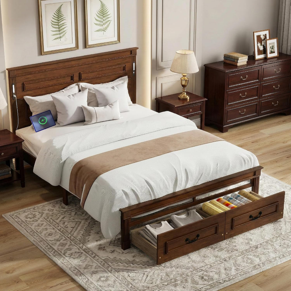 Queen Bed Frame with 46' Tall Headboard, Farmhouse Solid Wood Queen Platform Bed with 2 Storage Drawers,LED Lights & USB Charging Station,No Box Spring Needed, Walnut