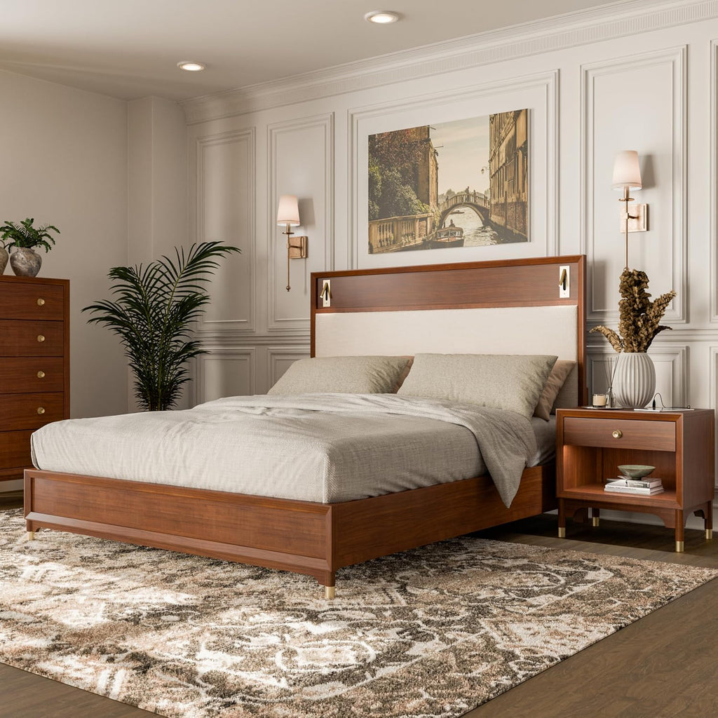 Furniture of America Forma Mid-Century Modern Solid Wood 2-Piece Bedroom Collection, Upholstered Bed Frame with LED Reading Light and Nightstand with Power Ports, No Box Spring Needed, Walnut, Queen