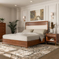 Furniture of America Forma Mid-Century Modern Solid Wood 2-Piece Bedroom Collection, Upholstered Bed Frame with LED Reading Light and Nightstand with Power Ports, No Box Spring Needed, Walnut, Queen