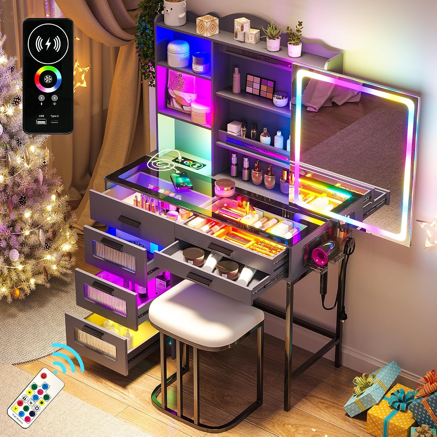 WOOVIVS Glass Top Vanity with LED Mirror, 6 Drawer Dresser with Charging Station for Bedroom, Small Makeup Vanitys Table with RGB Light, Vanity Set with Chair,Jewelry Organizer for Girls-Grey