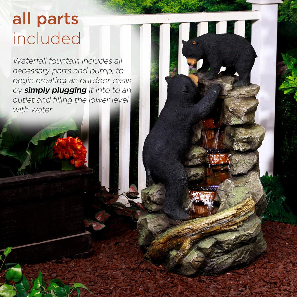 Alpine Corporation 36' Tall Indoor/Outdoor 2 Bears Climbing Rainforest Water Fountain with LED Lights, Cascading Wildlife Water Feature for Garden, Patio, and Home Decor, Brown