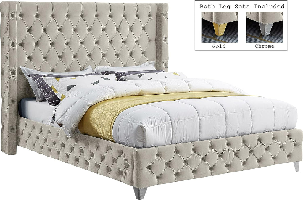 Meridian Furniture SavanCream-Q Savan Collection Modern | Contemporary Velvet Upholstered Bed with Deep Button Tufting in Gold or Chrome Finish, 72' W x 86' D x 56' H, Cream, Queen