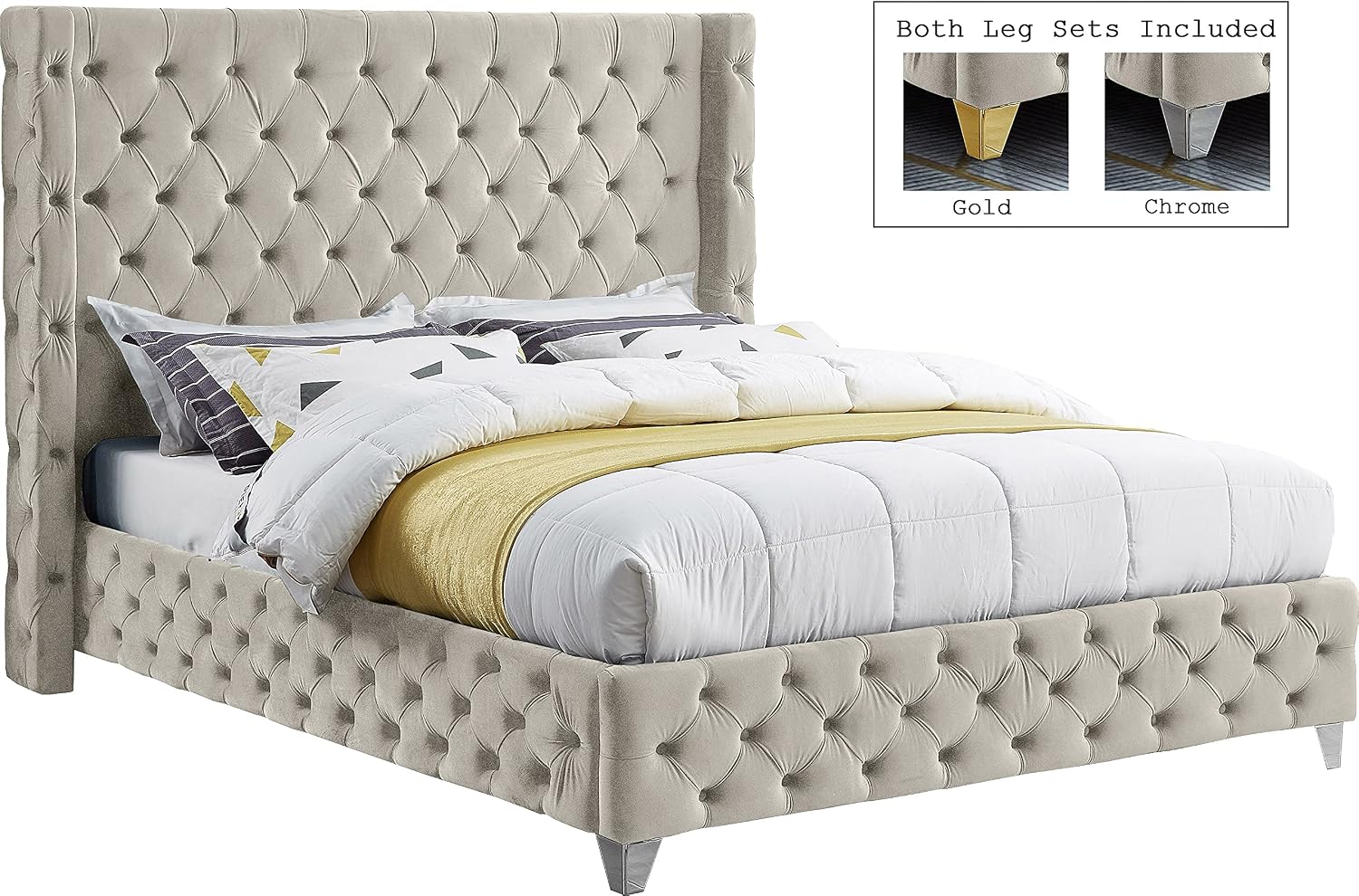 Meridian Furniture SavanCream-Q Savan Collection Modern | Contemporary Velvet Upholstered Bed with Deep Button Tufting in Gold or Chrome Finish, 72' W x 86' D x 56' H, Cream, Queen