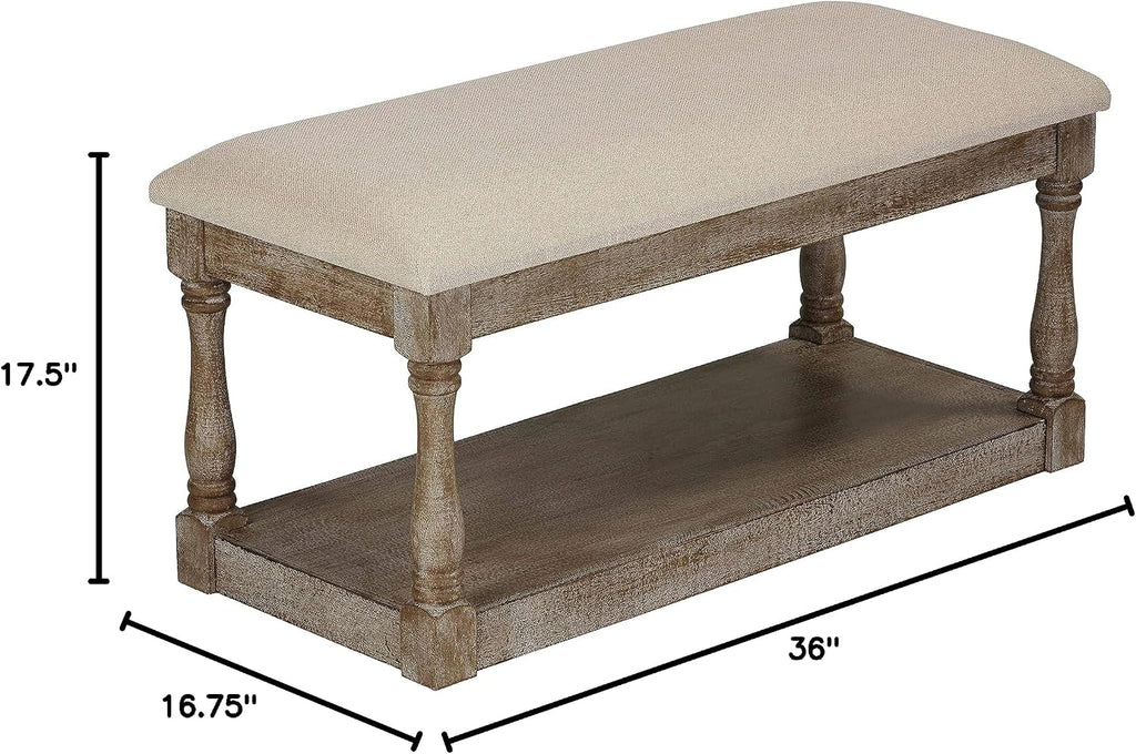 Cortesi Home Dahlia Wooden Bench Ottoman, Distressed Wood and Beige Fabric