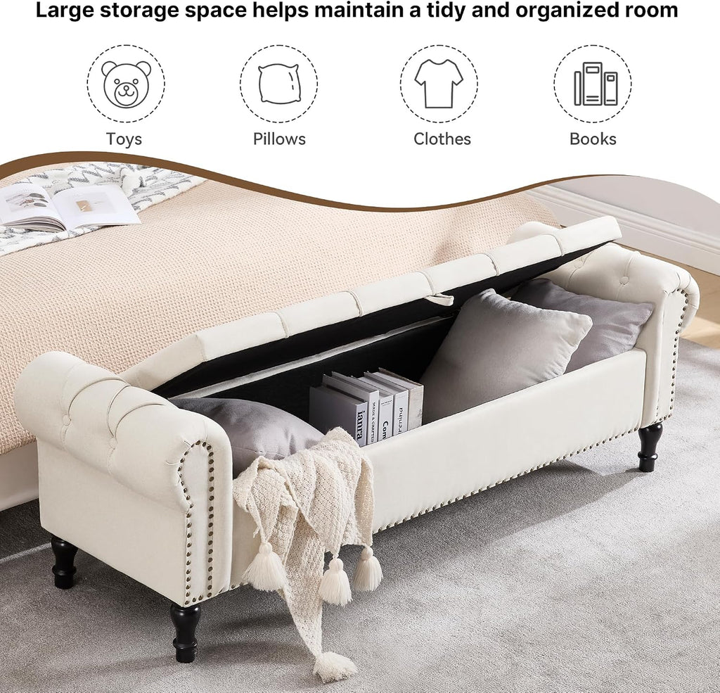 67 Inch Storage Bench for Bedroom, King Size End of Bed Bench, Upholstered Bench with Rolled Arms, Linen Tufted Button Storage Ottoman Benches, Living Room, Entryway, Beige