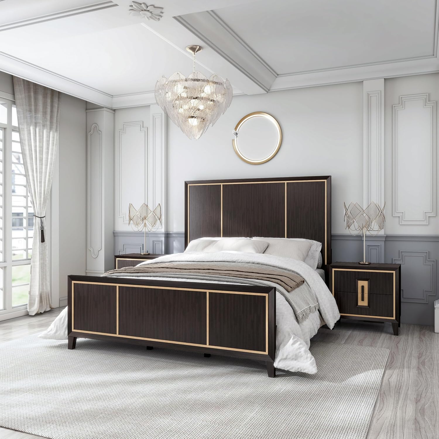 Furniture of America Samuel Modern Solid Wood 3-Piece Bedroom Collection Bed Frame and 2-Drawer Nightstands Set of 2, Box Spring Required, Espresso, Queen