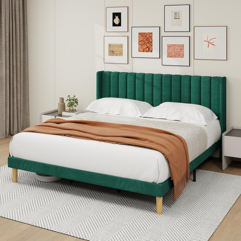 alazyhome Platform Bed Frame King Size with Upholstered Headboard, Solid Wood Slats Support, No Box Spring Needed, Noise Free, Easy Assembly, Modern Velvet Bed, Green