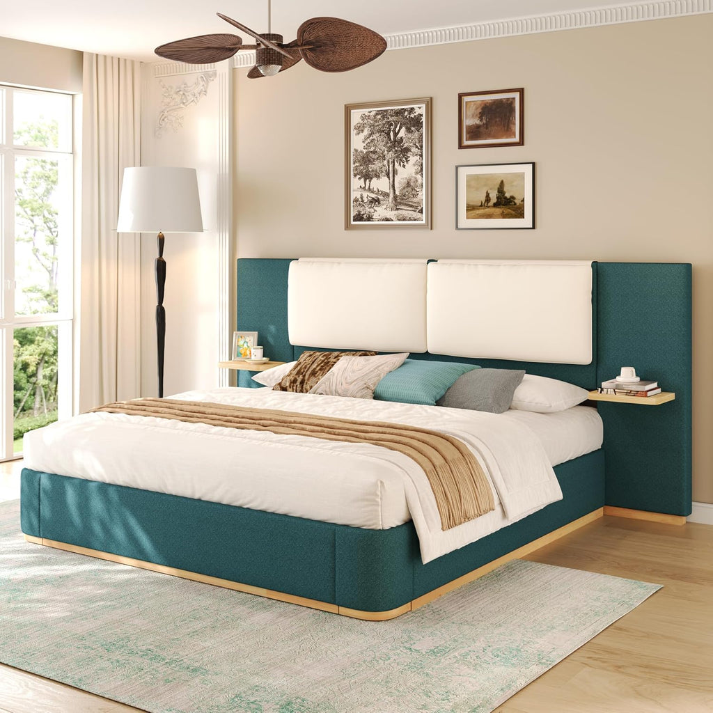 Green Bed Frame with Soft Upholstered Storage Tall Headboard, Queen Size Floor Platform Bed Frames, Anti-Collision Curved Footboard Bedroom Sets,No Box Spring Needed (Green, Queen)