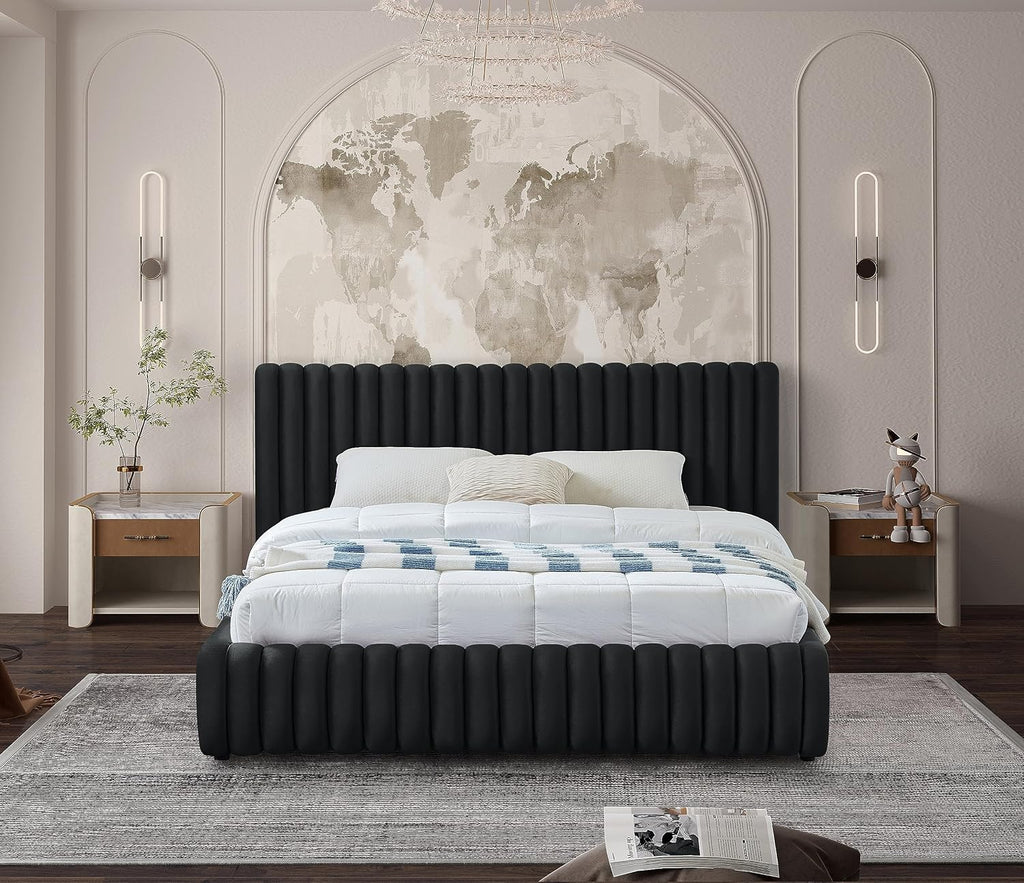 Meridian Furniture NicoBlack-Q Nico Collection Modern | Contemporary Velvet Upholstered Queen Bed with Rich Black Velvet and Deep Channel Tufting, 74' W x 91' D x 38' H, Black, Queen