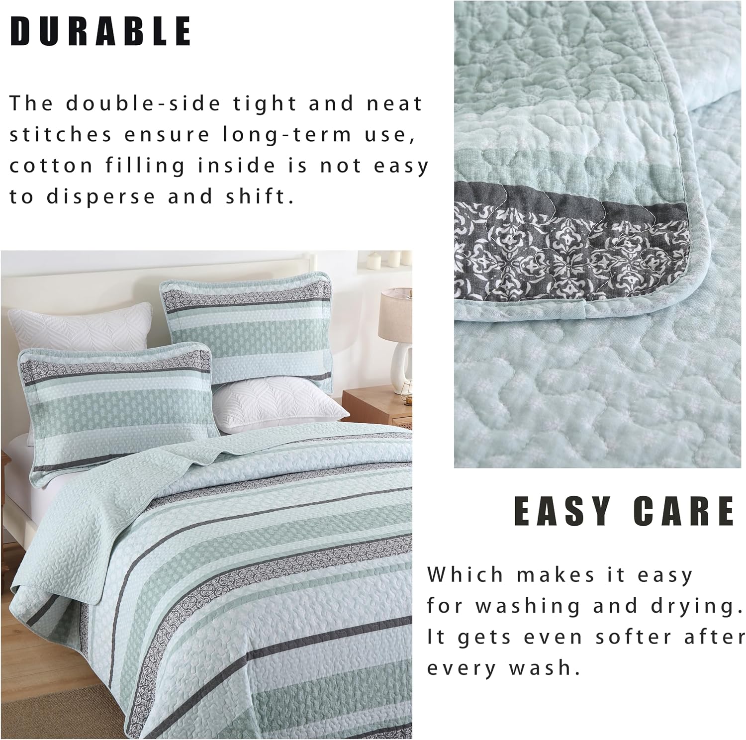 Homzard King Size Quilt,Cotton King Size Comforter Set,Mint Green Grey Bedding Set,Striped Bedspread,Lightweight Summer Comforter Sets 3 Piece