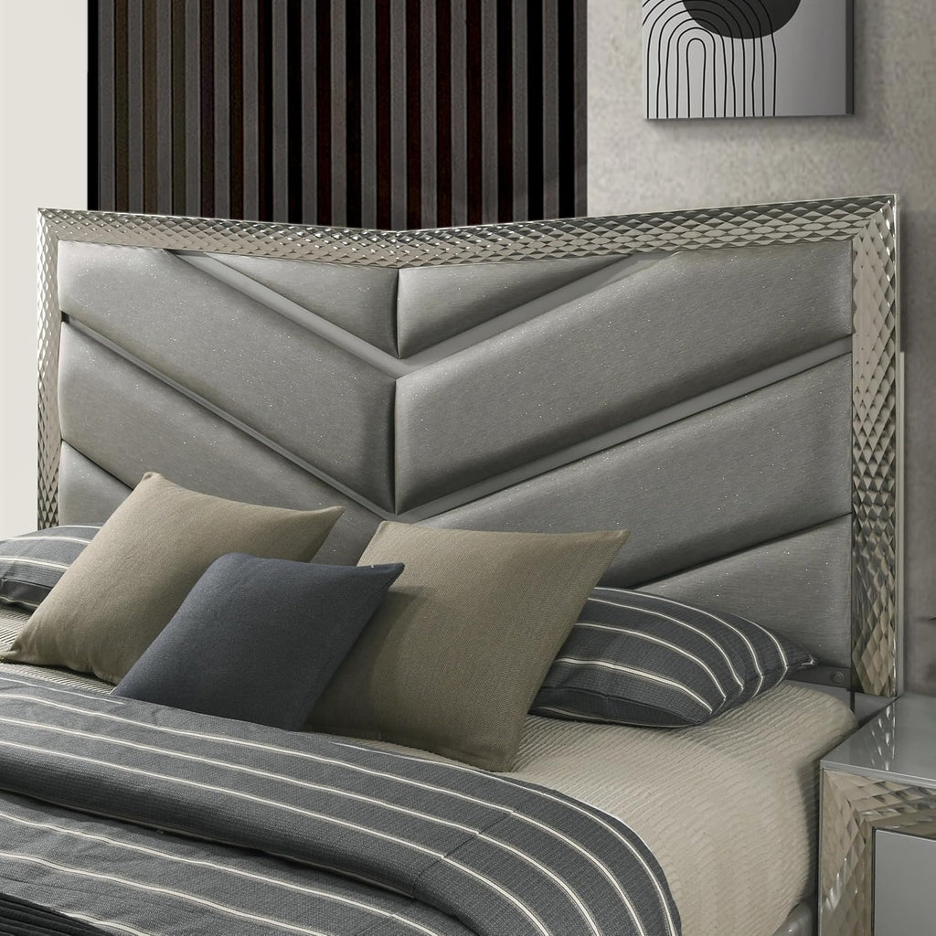 Furniture of America Racken Glam Solid Wood 6-Piece Bedroom Set with LED on Chevron Headboard, Plinth Base, Silver Molding, Metal Side Glide, Felt-Lined Top Drawer, No Box Spring Needed, King, Gray