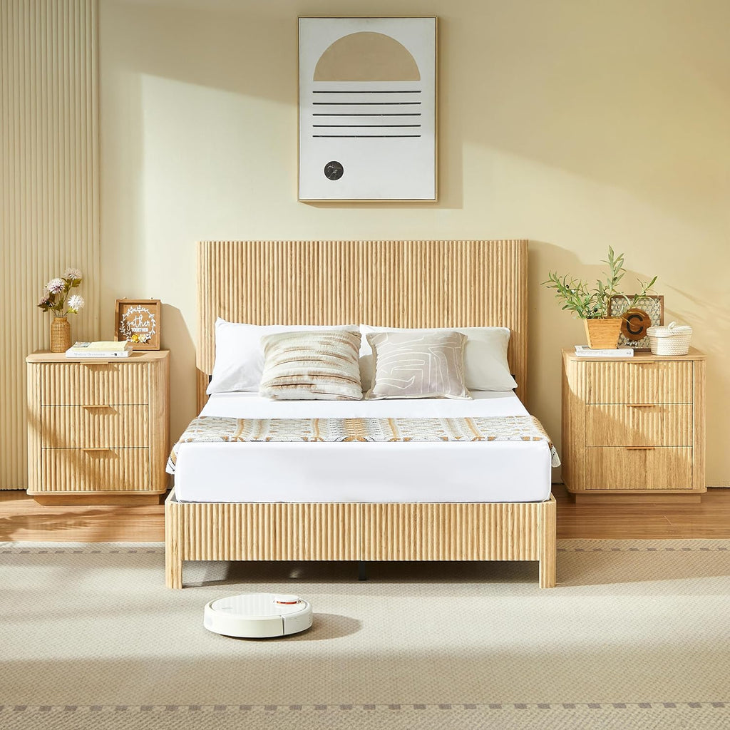 Full Size Wood Bed Frame with Headboard, Modern Retro Walnut Platform Beds Frames, Mid Century Rustic Wooden Bedroom Floor-BedFrame, No Box Spring Needed, Easy Assembly (Oak, Full, Metal Base)