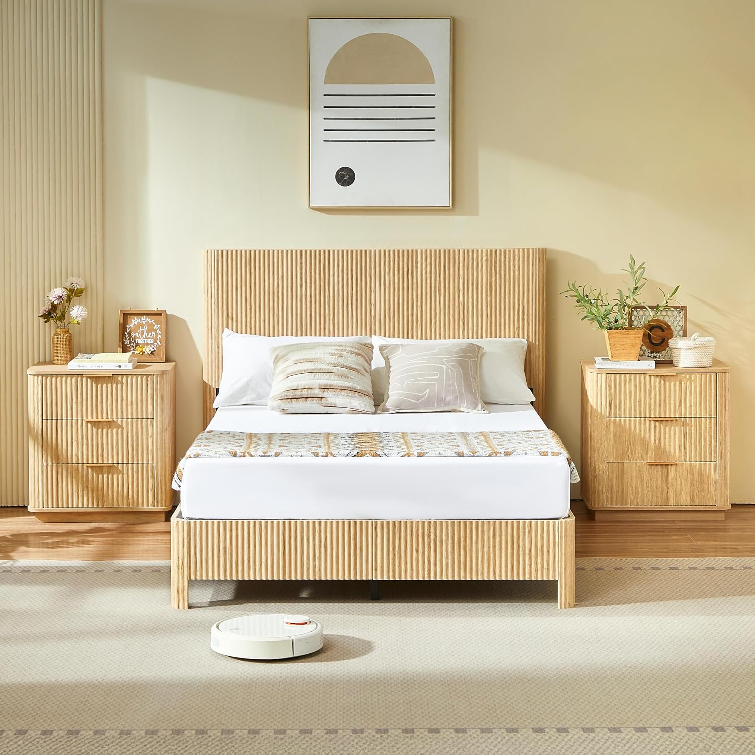Full Size Wood Bed Frame with Headboard, Modern Retro Walnut Platform Beds Frames, Mid Century Rustic Wooden Bedroom Floor-BedFrame, No Box Spring Needed, Easy Assembly (Oak, Full, Metal Base)