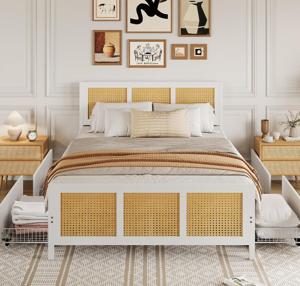 IDEALHOUSE Rattan Bed Frame with Storage Drawers, Boho Full Size Led Bed Frame with Strong Metal Slats Support, No Box Spring Needed, Noise-Free Design, White