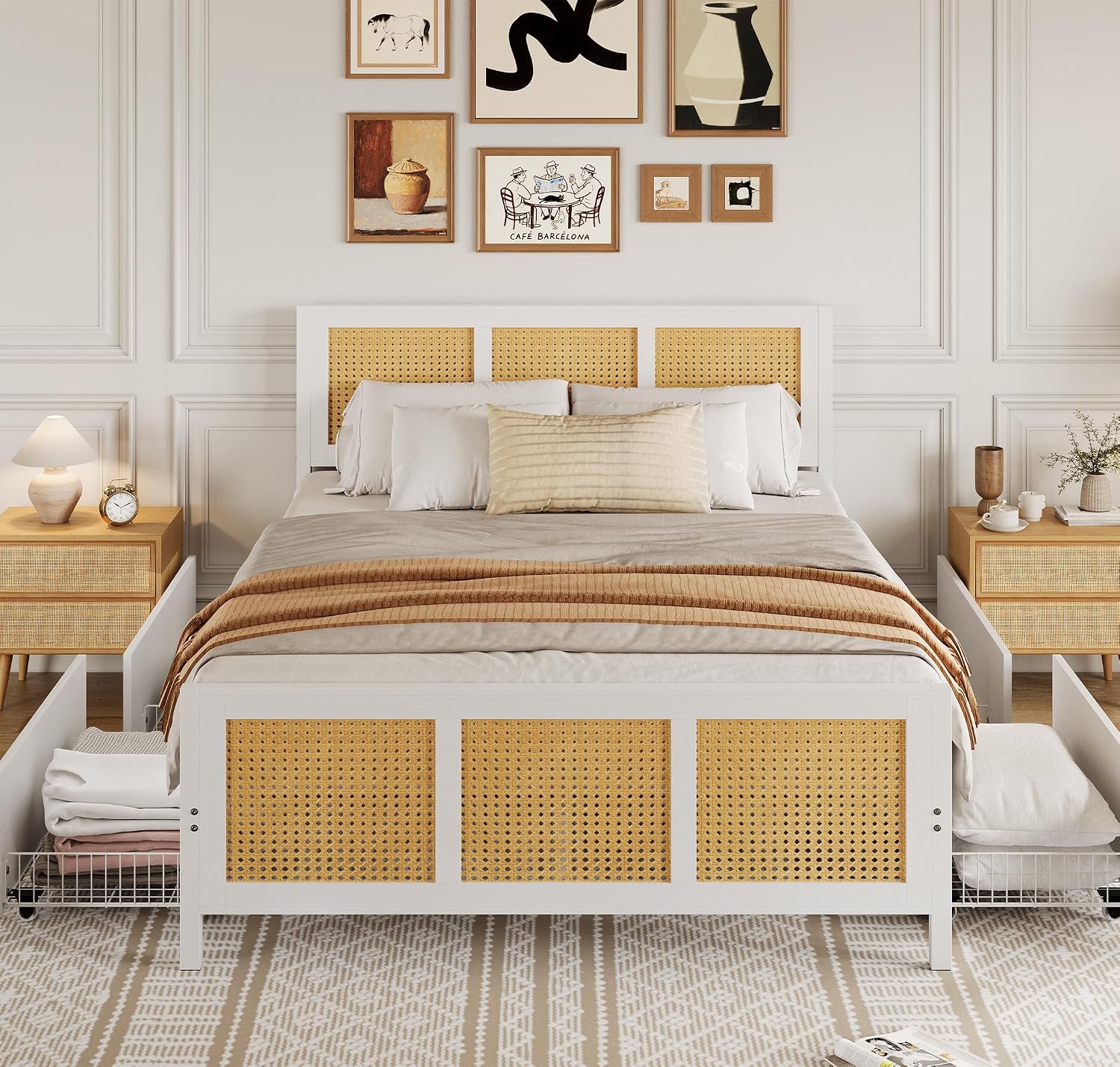 IDEALHOUSE Rattan Bed Frame with Storage Drawers, Boho Full Size Led Bed Frame with Strong Metal Slats Support, No Box Spring Needed, Noise-Free Design, White