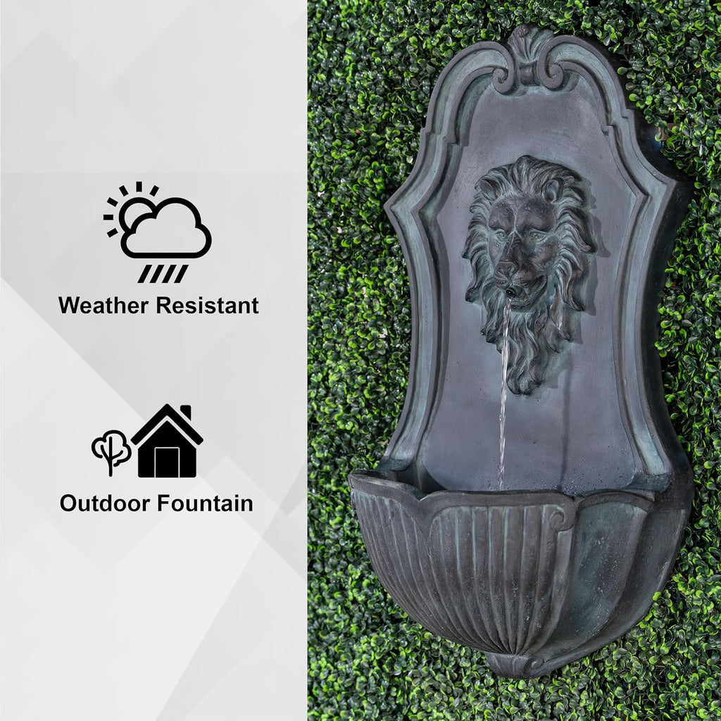 XBrand 29.9' Solar-Powered Wall-Mounted Lion Head Fountain, Resin, Outdoor, Gray
