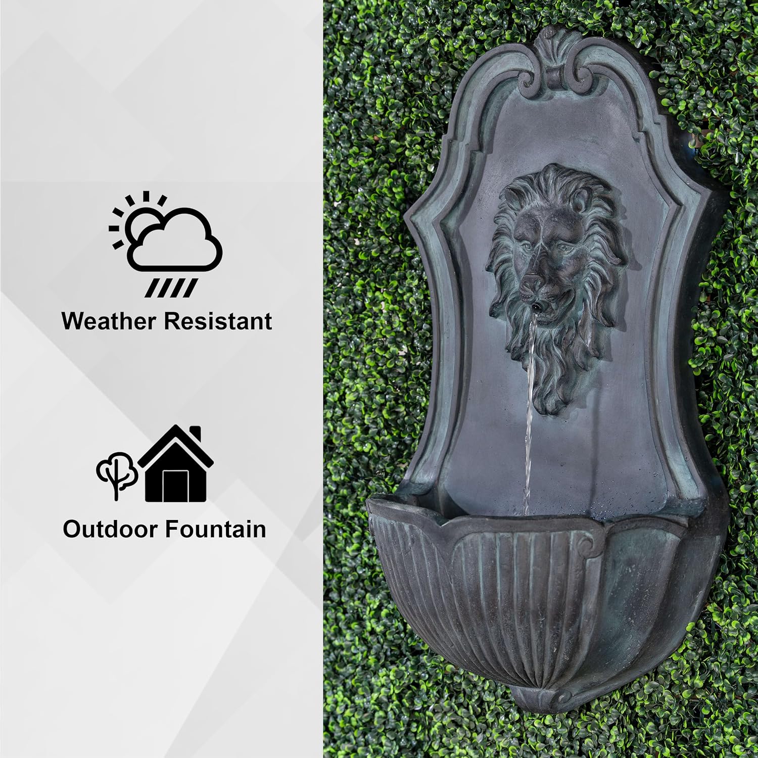 XBrand 29.9' Solar-Powered Wall-Mounted Lion Head Fountain, Resin, Outdoor, Gray