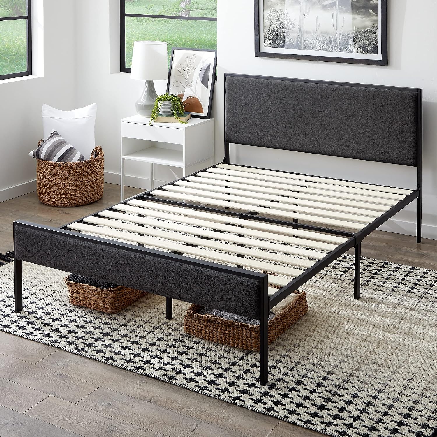 Edenbrook Hudson Full Platform Bed Frame with Headboard-Underbed Storage-Full Bed Frame No Box Spring Needed-Metal/Upholstery