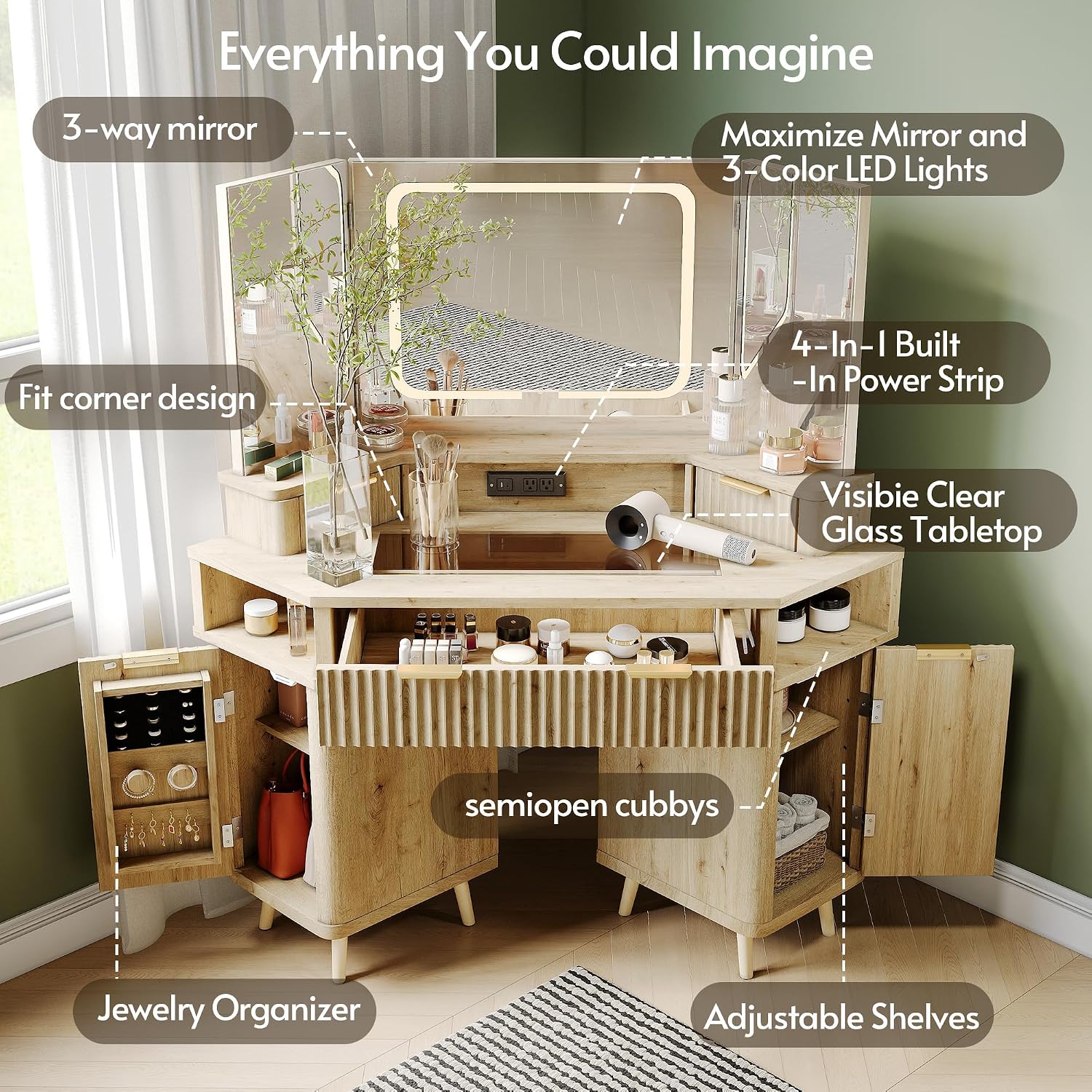 ENSTVER Corner Vanity with Clear Glass Top, 47' Corner Makeup Vanity Desk with Large Mirror and Lights, Fluted Wooden Vanity Wall-Mounted Jewelry Storage for Bedroom, Oak