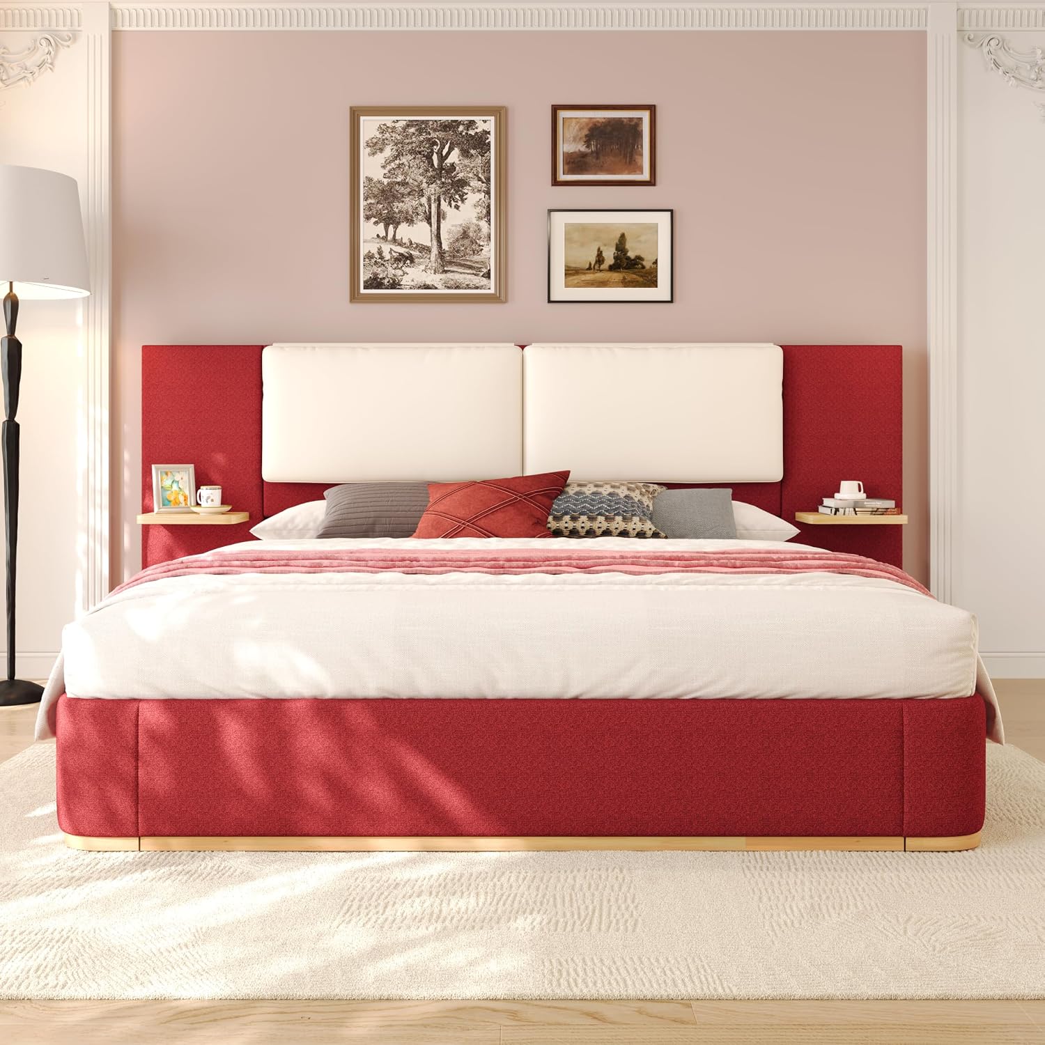 Luxury Bed Frame with Nightstands Modern Bedroom Set, Red Queen Size Floor Platform Bed with Oversize Soft Upholstered Tall Headboard Bedframe, No Box Spring Needed (Red, Queen)