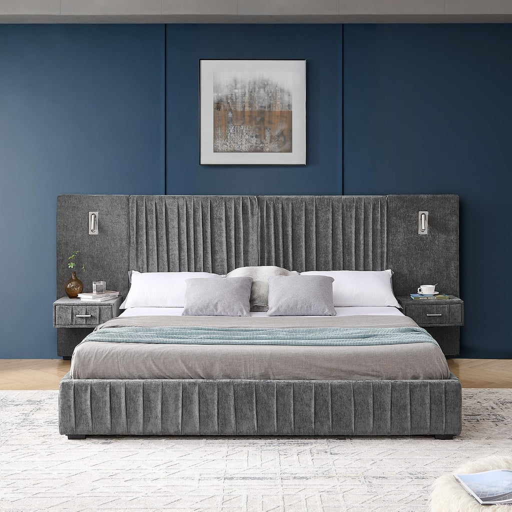 King Size Upholstered Platform Bed Frame with Headboard & Built-in Nightstand, Luxury Bed Frame for Modern Bedroom Sets, No Box Spring Needed, Stable & Adjustable Lighting(Dark Grey)