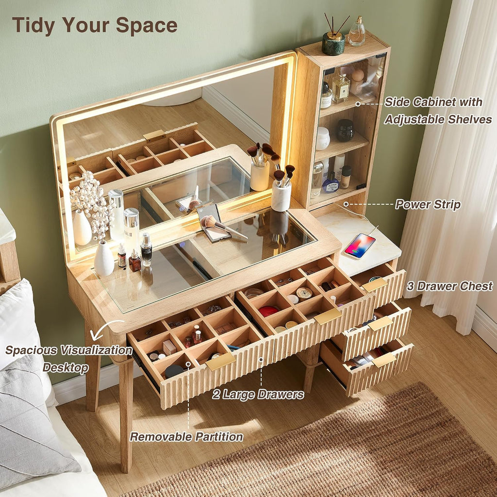 T4TREAM 48' Fluted Makeup Vanity Desk with Large 36' Mirror and Lights, Modern Glass Top Big Vanity Table with 5 Drawers & Adjustable Shelves, Dressing Table Set w/Charging Station for Bedroom, Oak