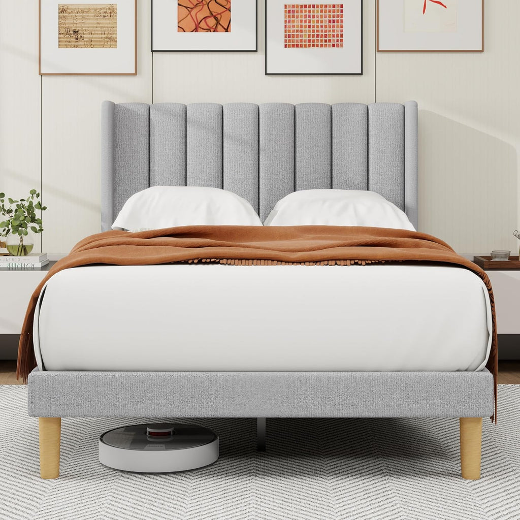 alazyhome Platform Bed Frame Full Size with Upholstered Headboard, Solid Wood Slats Support, No Box Spring Needed, Noise Free, Easy Assembly, Modern Fabric Bed, Light Grey