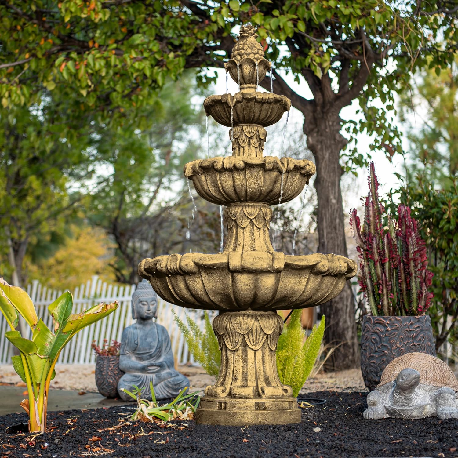 XBrand 58.3' 3-Tier Outdoor Freestanding Water Fountain - Classic Leaf Design, White Resin, Large Bird Bath with Pump - Ideal for Yard, Lawn and Garden, Porch Décor