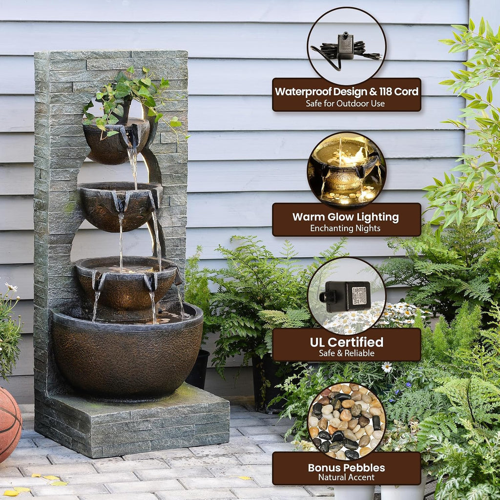 Tankana Water Fountain Outdoor Garden Waterfall Large Water Feature Tiered Freestanding Cascade Fountains Bowl Modern Artistry with LED Strip for Patio Yard Deck Home Decor, 43 inches, Brown