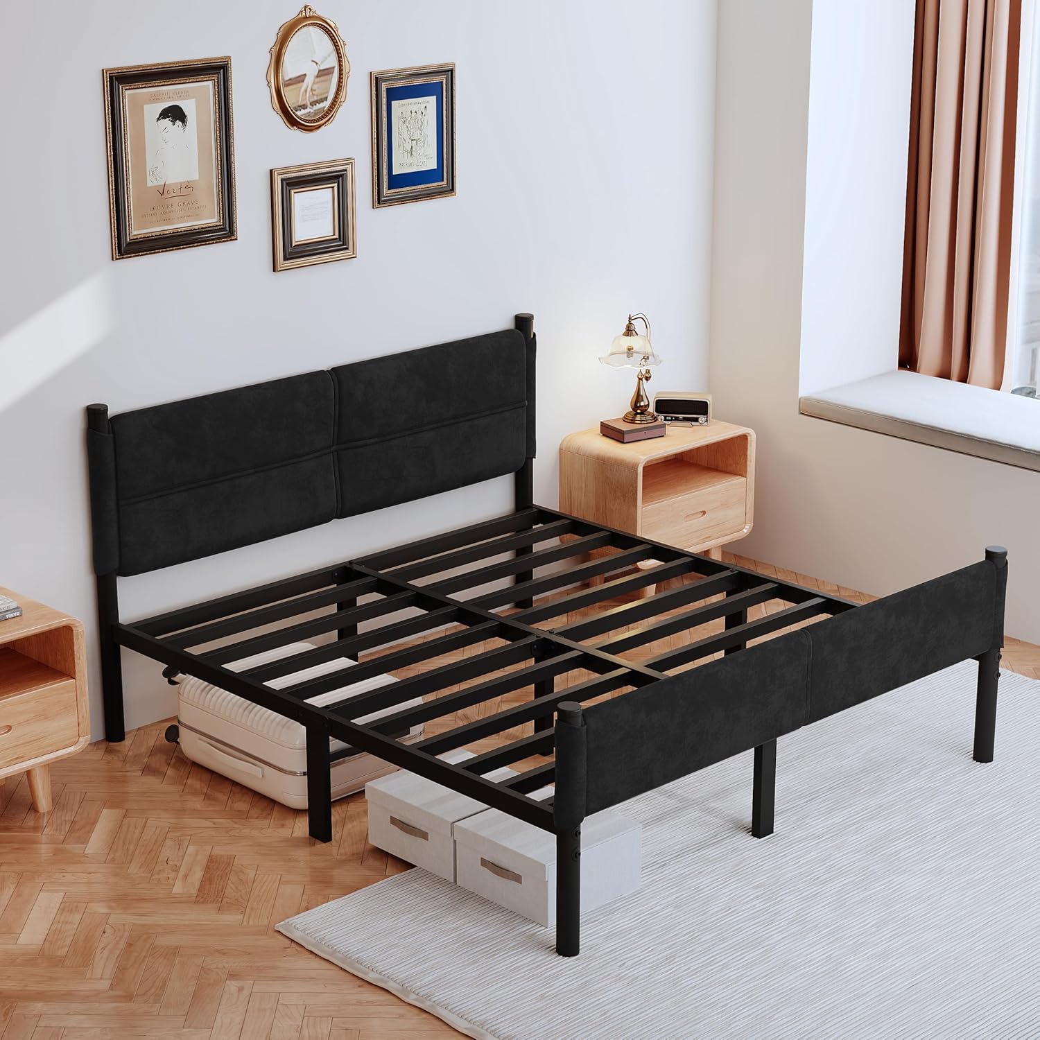 Metal Bed Frame,14Inch King Size Bed Frame with Storage Space,Heavy Duty Sturdy Mattress Foundation,Easy Assembly,No Box Spring Needed,Black King