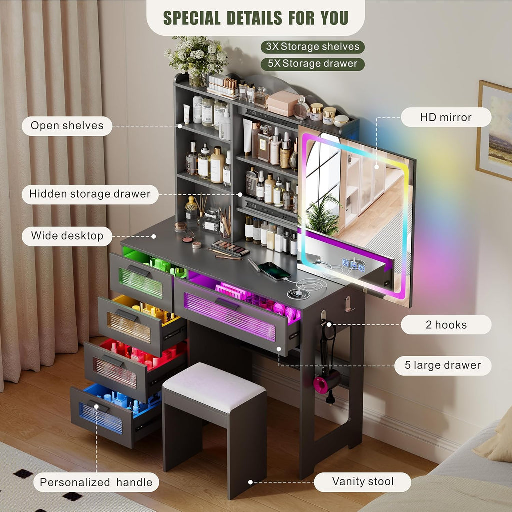 Vanity Desk with Mirror and Adjustable RGB Lights,Large 6 Drawers Makeup Table with Charging Station for Women and Girls, Bedroom or Dorm,Grey