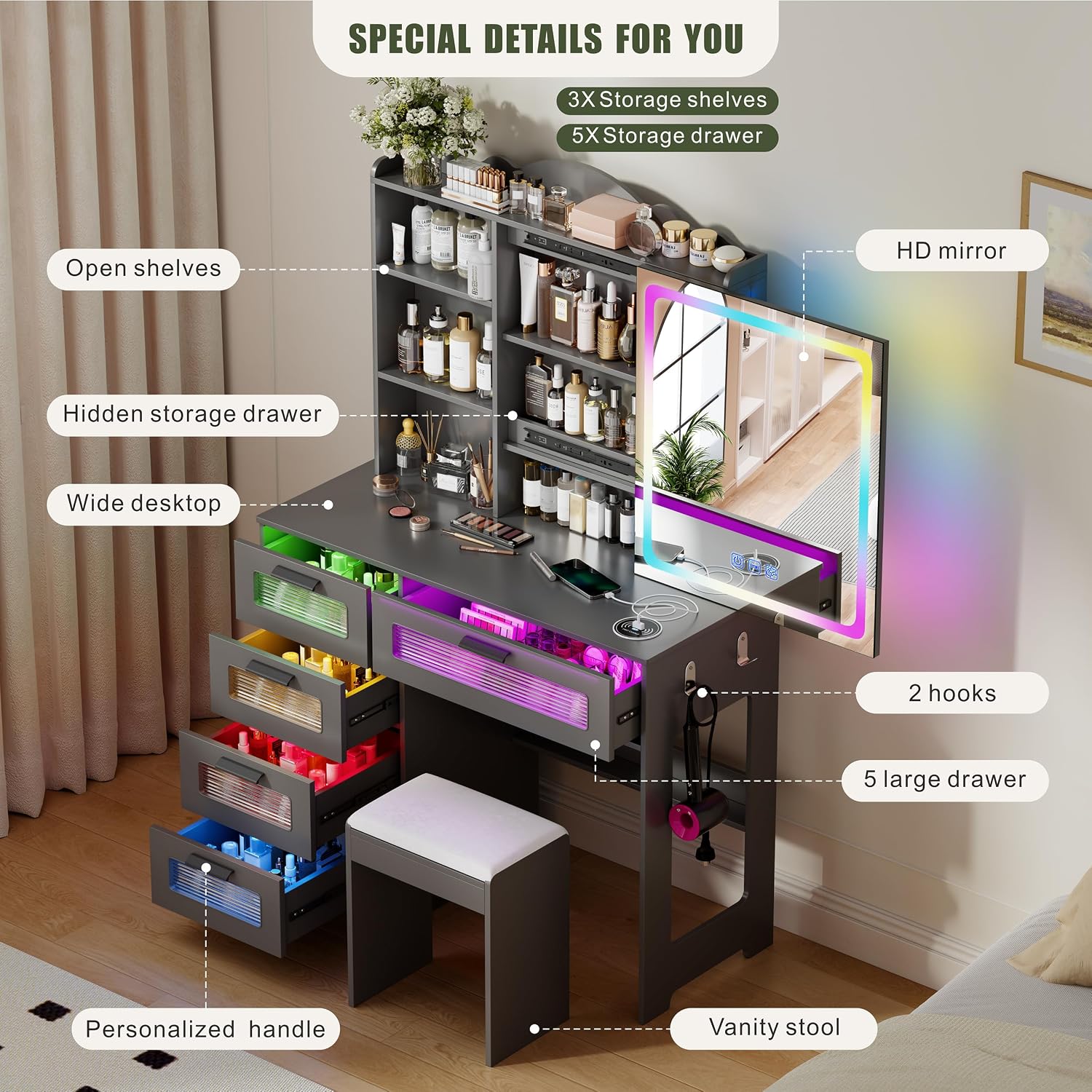 Vanity Desk with Mirror and Adjustable RGB Lights,Large 6 Drawers Makeup Table with Charging Station for Women and Girls, Bedroom or Dorm,Grey