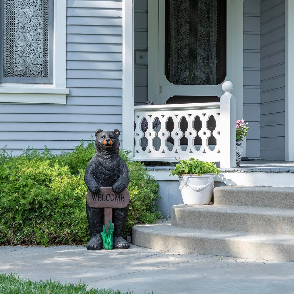 Alpine Corporation 36' Tall Outdoor Standing Black Bear with Welcome Sign Yard Statue Decoration