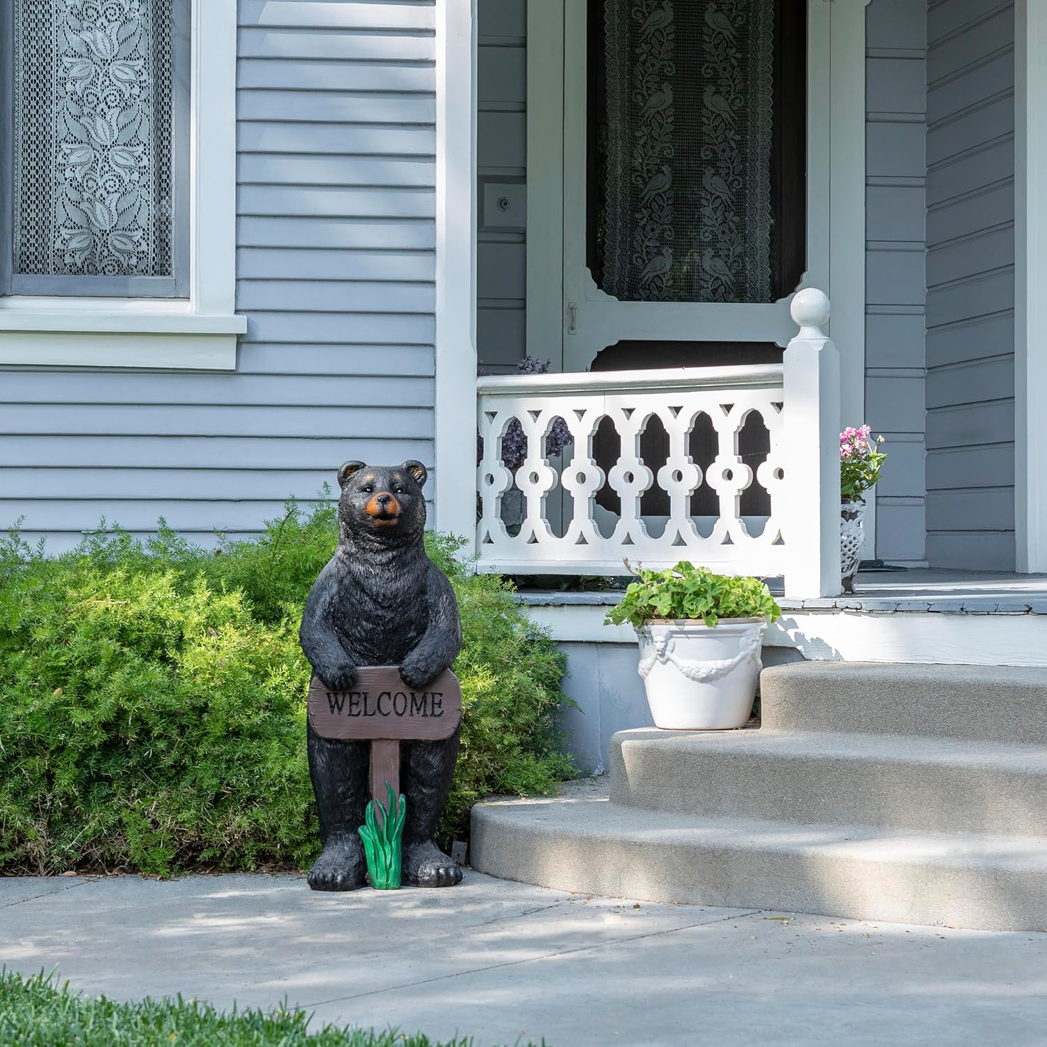 Alpine Corporation 36' Tall Outdoor Standing Black Bear with Welcome Sign Yard Statue Decoration