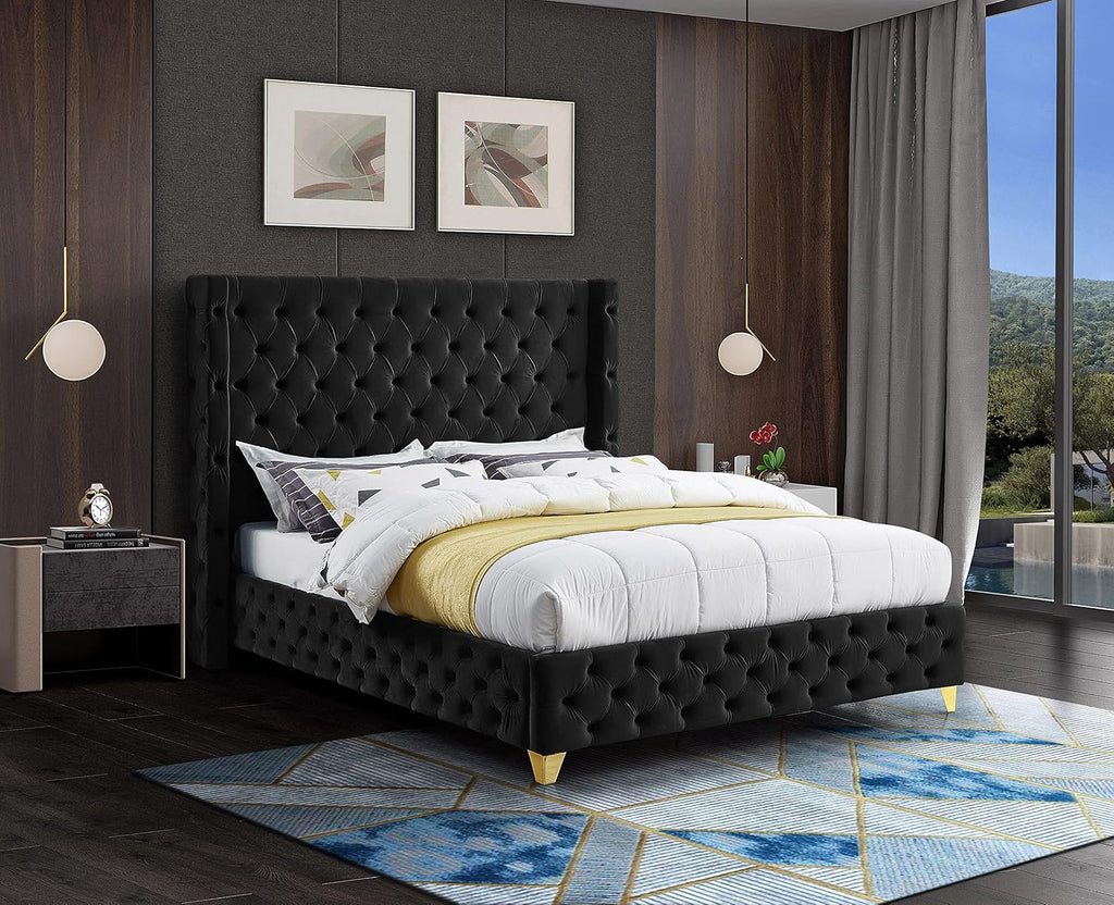 Meridian Furniture SavanBlack-F Savan Collection Modern | Contemporary Velvet Upholstered Bed with Deep Button Tufting in Gold or Chrome Finish, 66' W x 81' D x 56' H, Black, Full