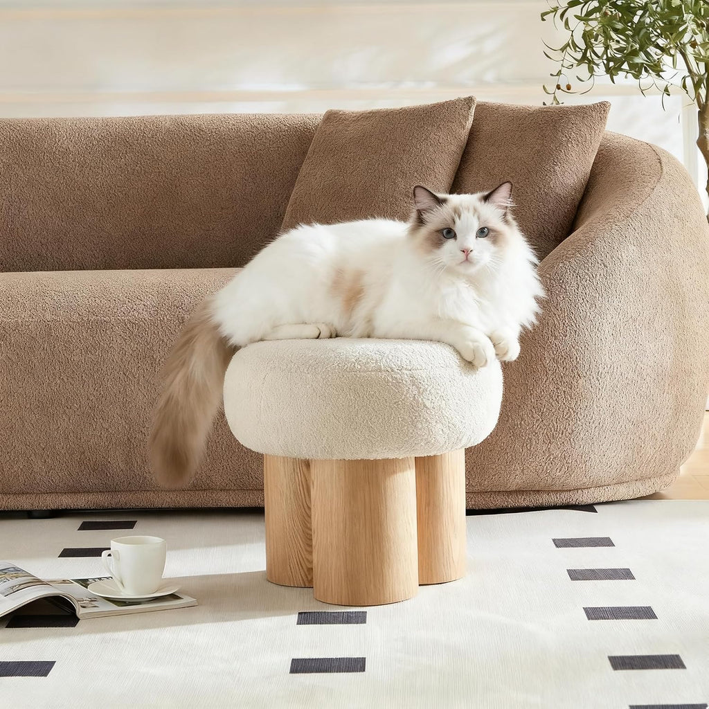 Living Room Ottoman Foot Stool, 17' Round Mid Century Modern Ottoman with Bouclé Teddy Fabric & Solid Wood Legs, Entryway Foot Rest for Couch, Vanity Seat, Bedroom Bench(Wood)