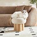 Living Room Ottoman Foot Stool, 17' Round Mid Century Modern Ottoman with Bouclé Teddy Fabric & Solid Wood Legs, Entryway Foot Rest for Couch, Vanity Seat, Bedroom Bench(Wood)