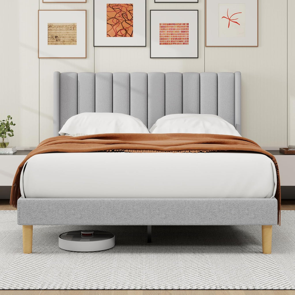 alazyhome Platform Bed Frame Queen Size with Upholstered Headboard, Solid Wood Slats Support, No Box Spring Needed, Noise Free, Easy Assembly, Modern Fabric Bed, Light Grey