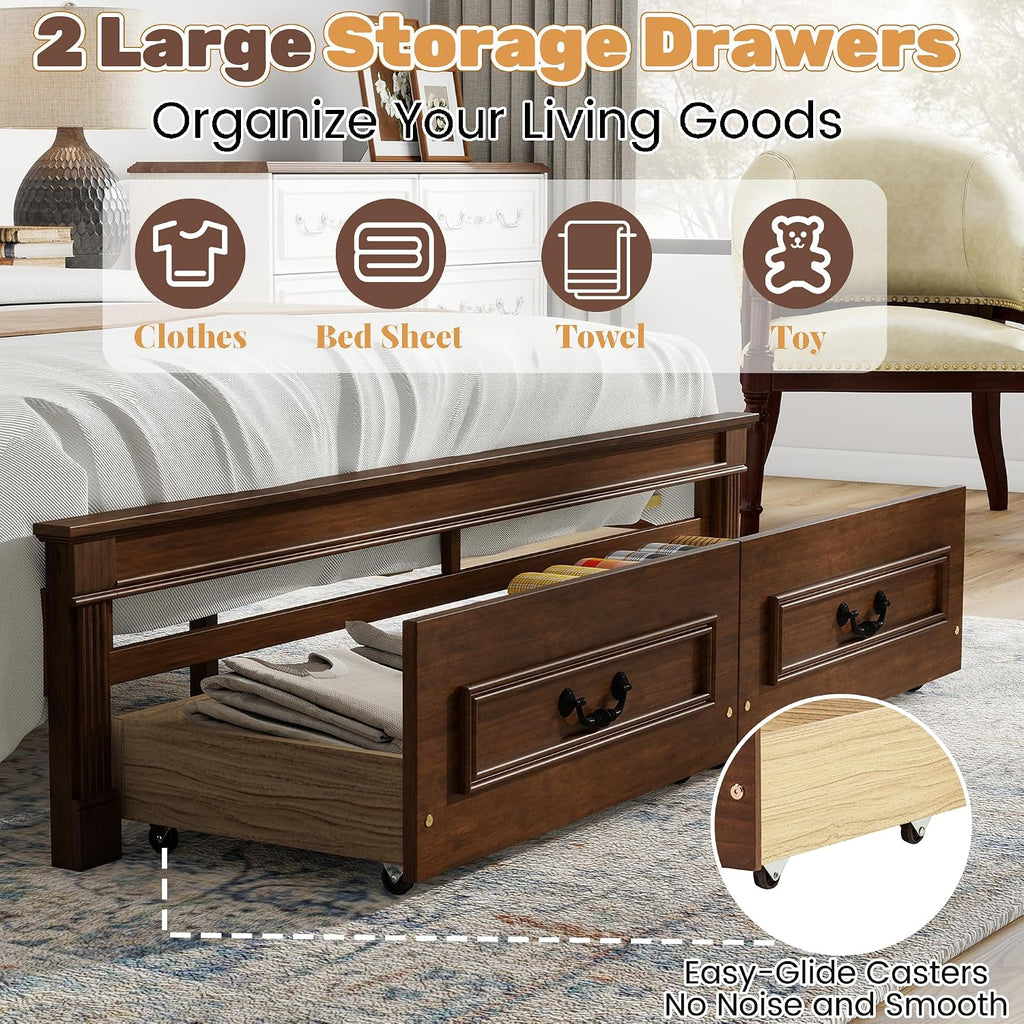 Queen Bed Frame with 46' Tall Headboard, Farmhouse Solid Wood Queen Platform Bed with 2 Storage Drawers,LED Lights & USB Charging Station,No Box Spring Needed, Walnut