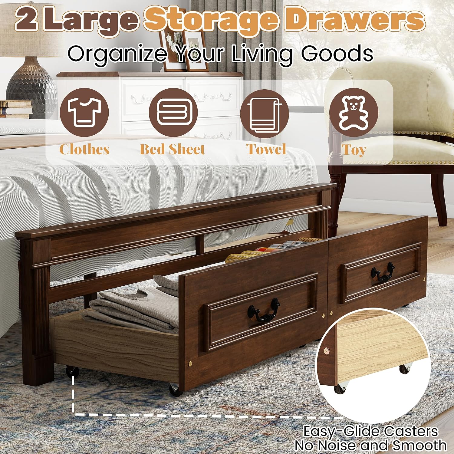 Queen Bed Frame with 46' Tall Headboard, Farmhouse Solid Wood Queen Platform Bed with 2 Storage Drawers,LED Lights & USB Charging Station,No Box Spring Needed, Walnut