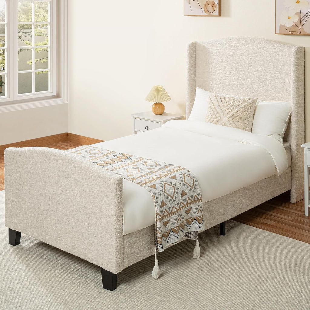KEIKI Twin Size Velvet Upholstered Platform Bed, Metal Bed Frame w/Tall Wingback Headboard, Modern Solid Bedframe Twin-Size for Bedroom, Wood Slat Support, No Box Spring Needed, Easy Assembly, Ivory