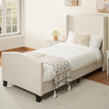 KEIKI Twin Size Velvet Upholstered Platform Bed, Metal Bed Frame w/Tall Wingback Headboard, Modern Solid Bedframe Twin-Size for Bedroom, Wood Slat Support, No Box Spring Needed, Easy Assembly, Ivory