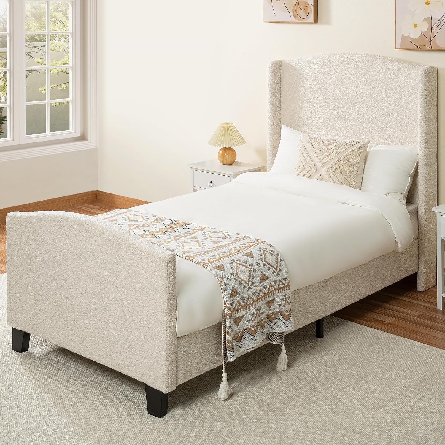 KEIKI Twin Size Velvet Upholstered Platform Bed, Metal Bed Frame w/Tall Wingback Headboard, Modern Solid Bedframe Twin-Size for Bedroom, Wood Slat Support, No Box Spring Needed, Easy Assembly, Ivory