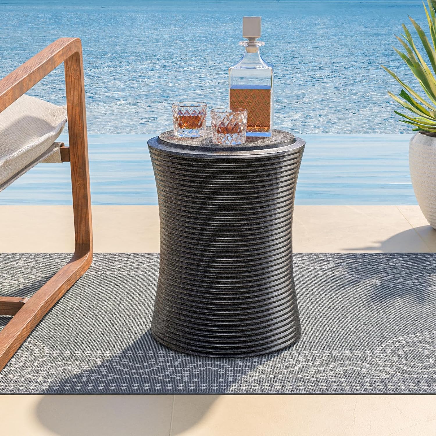 COSIEST Set of 2 Outdoor Side Table Black, Round MgO Concrete Side Table, Lightweight Outdoor Accent Table with Faux Natural Slate Rock, Cylinder Patio Table Top Plant Stand for Garden and Deck