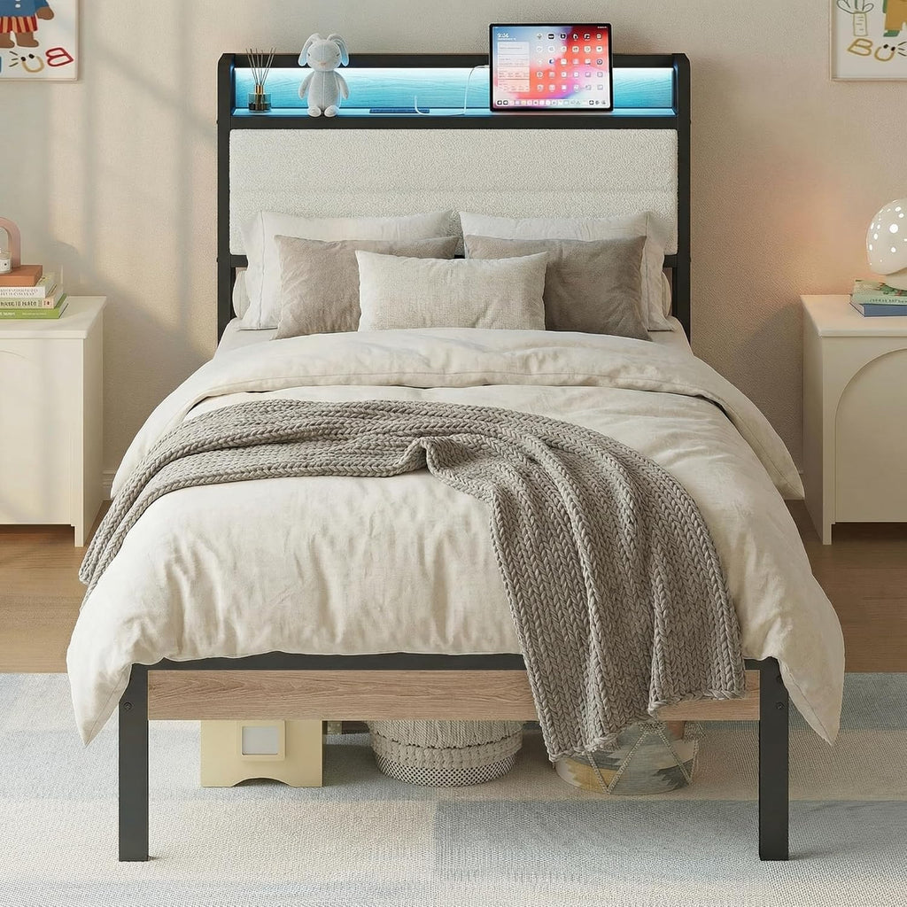 LIKIMIO Twin Bed Frame with Storage Headboard & LED Lights, Metal Platform Bed with Charging Station, Noise Free, No Box Spring Needed, Under Bed Storage, Natural and Cream