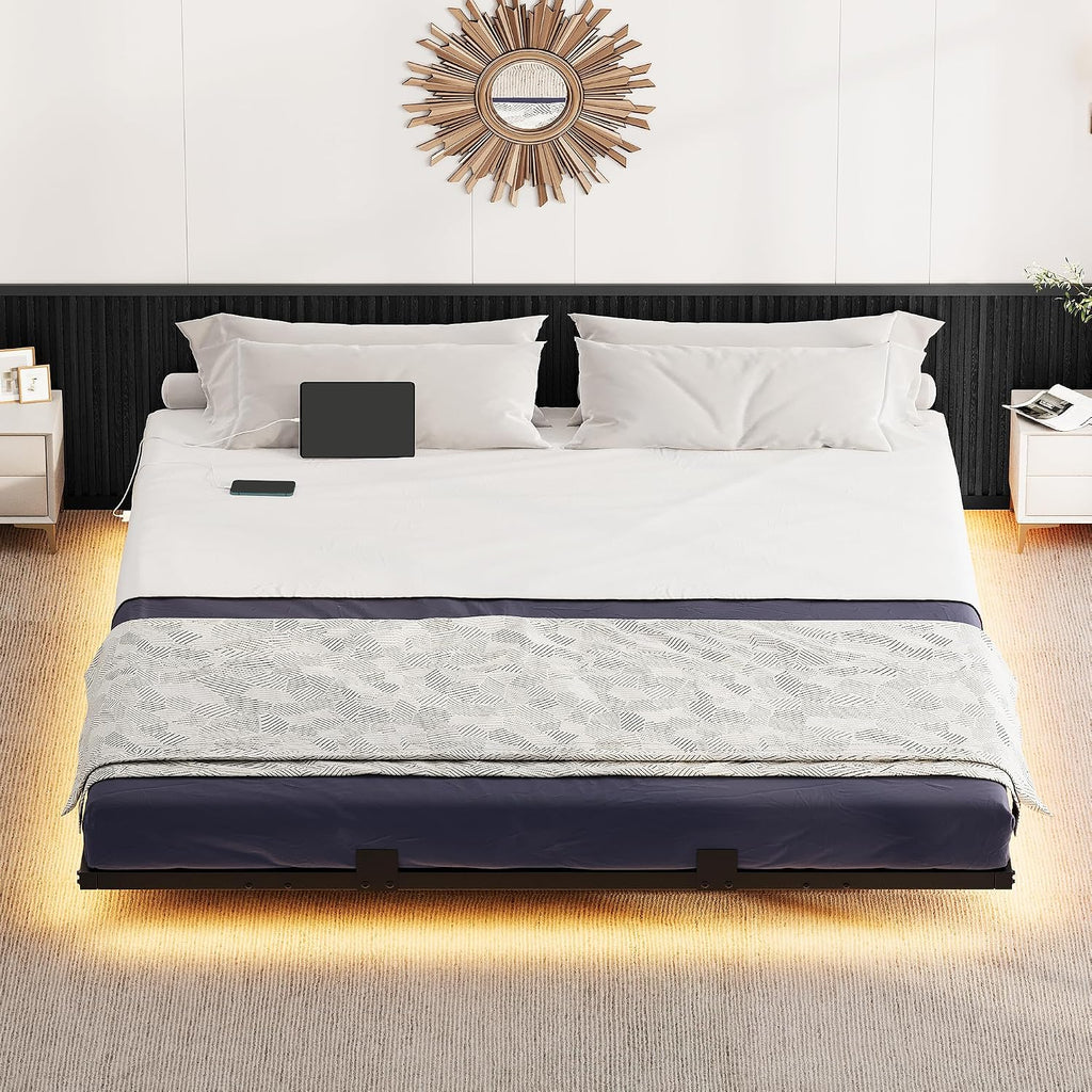YITAHOME Floating Bed Frame King Size,Floating Bed with LED Lights & Charging Station, Metal Platform Bed Frame with Heavy Duty Steel Slats, No Box Spring Needed, Black